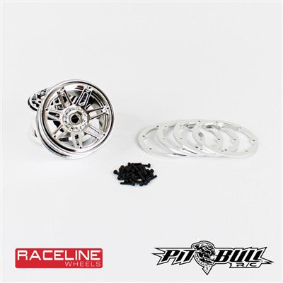 1.9 & 2.2 RACELINE #931 INJECTOR SCALE - BEADLOCK WHEELS// BLACK, CHROME OR GUN METAL WHEELS, MIXED RINGS (INCLUDES 2WHEELS, 4RINGS, 28 SCREWS)