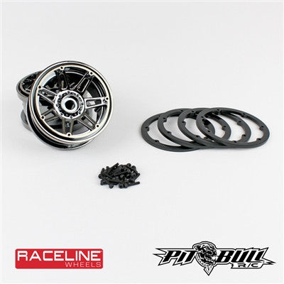1.9 & 2.2 RACELINE #931 INJECTOR SCALE - BEADLOCK WHEELS// BLACK, CHROME OR GUN METAL WHEELS, MIXED RINGS (INCLUDES 2WHEELS, 4RINGS, 28 SCREWS)